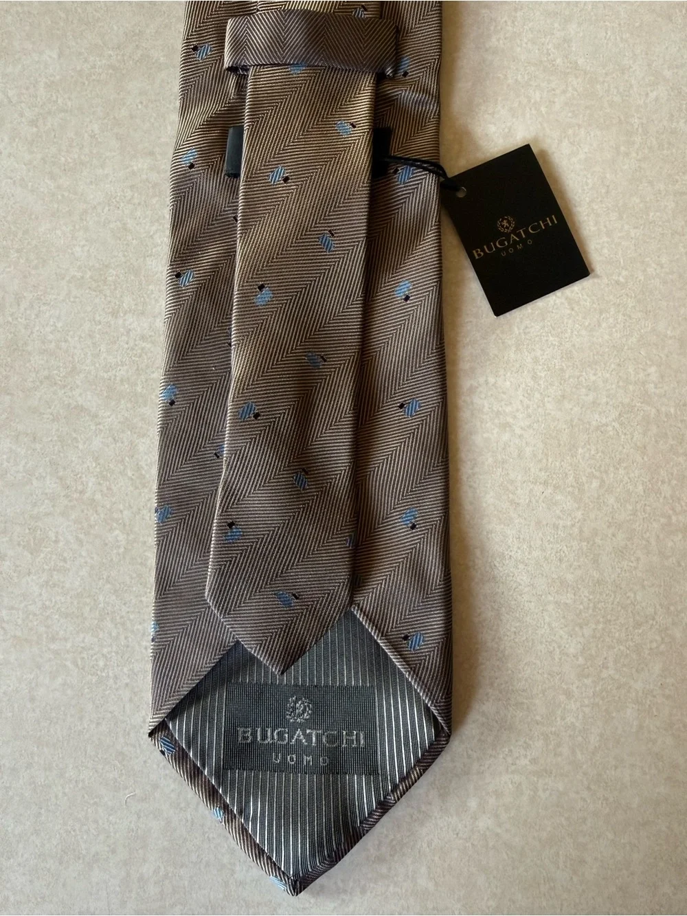 Bugatchi Uomo Men’s 100% Silk Tie Gray Blue Herringbone Made Italy NWT